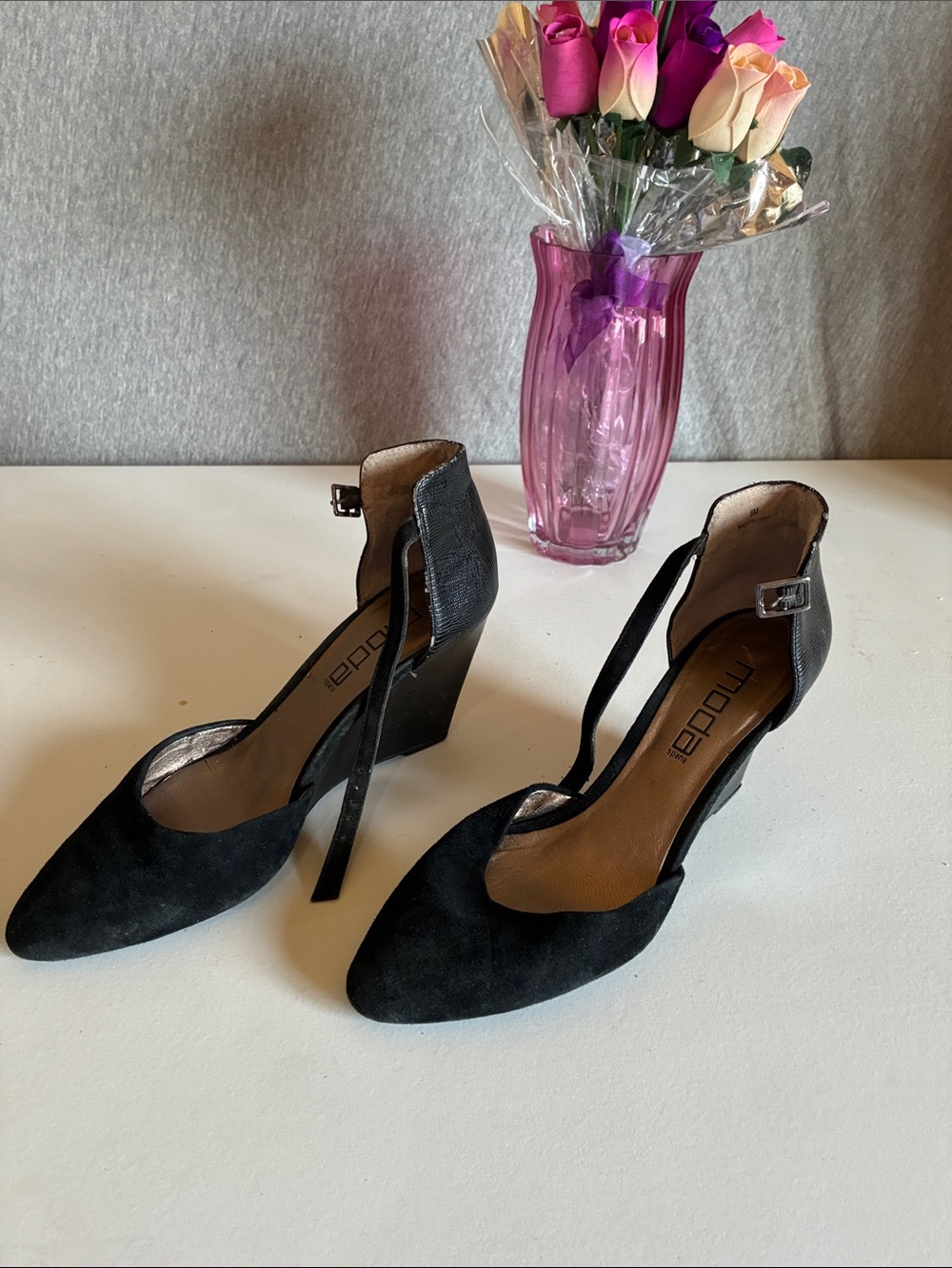 Moda Spana Black Pointed-Toe Ankle-Strap Wedge Heels